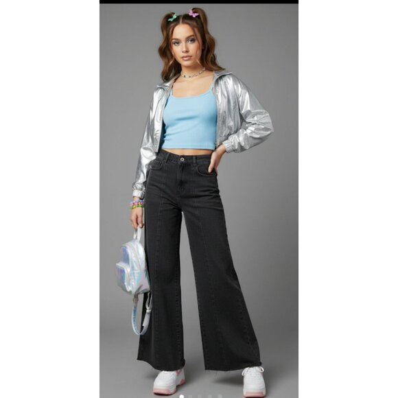 Tractr Grunge Skater 90s Y2k High Waisted Frayed Hem Denim Flare Jeans Girls' 24 - Picture 4 of 13